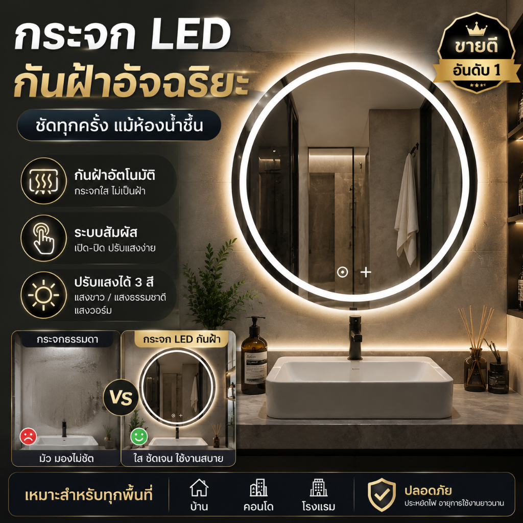 ลด 29%: กระจกเงา LED แบบแขวนผนัง