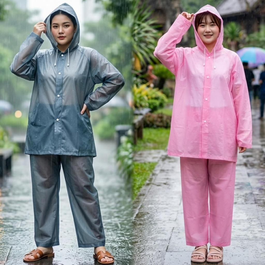 ลด 33%: MeeiJaShop No.Fn11 ชุดกันฝนแบบ2ชิ้น เสื้อ+กางเกง ชุดกันน้ํา (สีพื้น)
