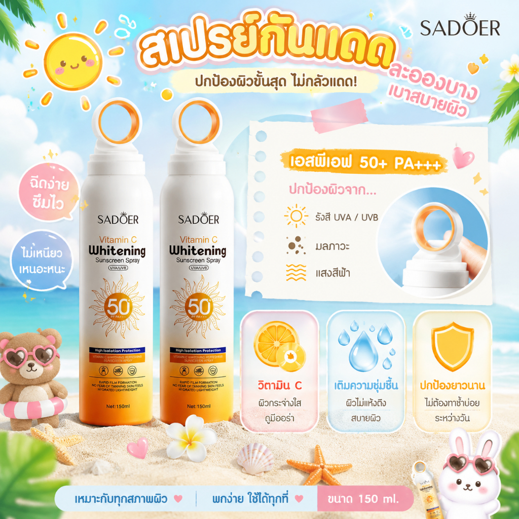 ลด 25%: สเปรย์กันแดด SADOER SPF50PA+++