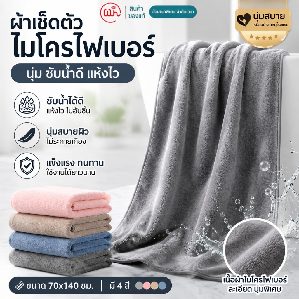 ลด 41%: ผ้าเช็ดตัว ผ้าขนหนูไมโครไฟเบอร์