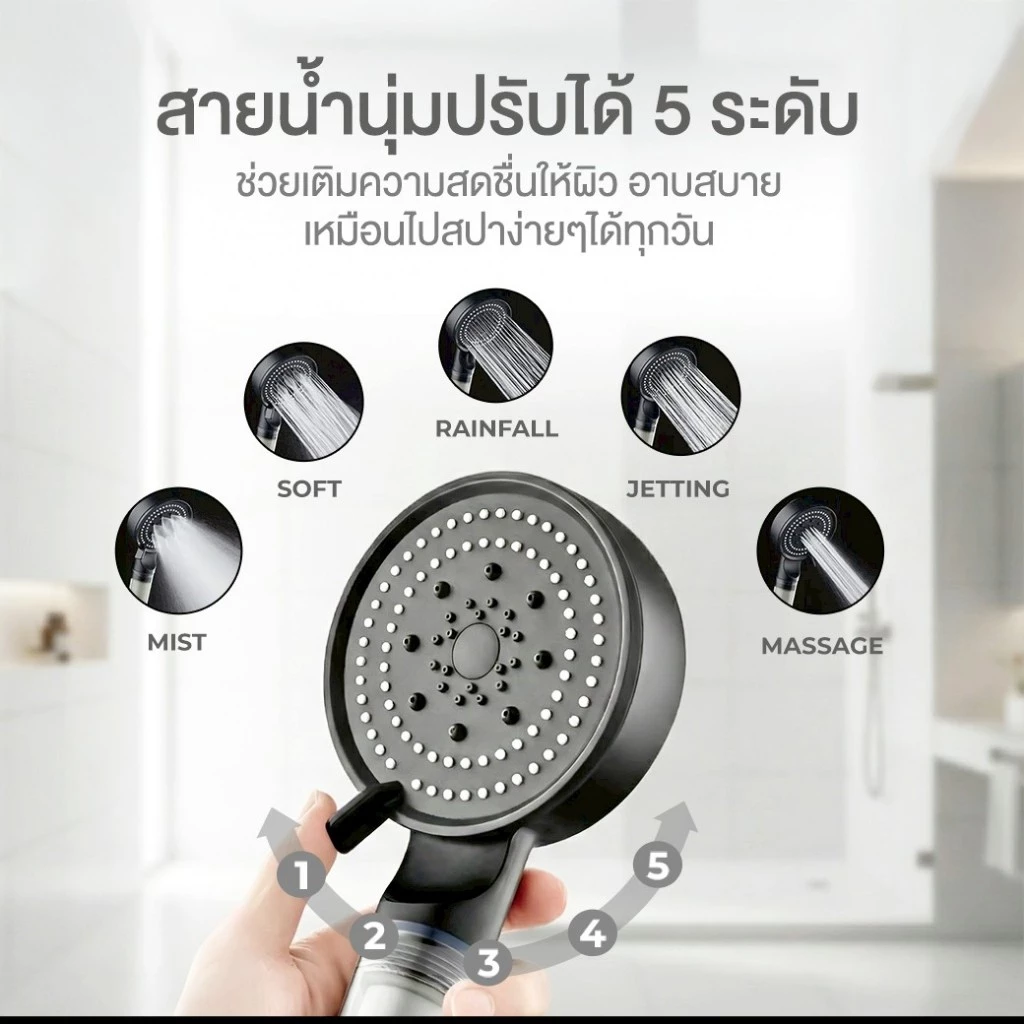 ฝักบัวกรองน้ำ Seoul Stone 5 Spray พร้อมไส้กรอง 4 ชิ้น ทางเลือกใหม่ของการอาบน้ำสะอาด ผิวดี ผมสวย ในทุกวัน