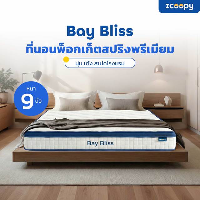 คุ้มพิเศษ 17% โค้ดส่วนลดเพิ่มสูงสุด 900 บาท Zcoopy ที่นอนพ็อกเก็ตสปริงมาตรฐานโรงแรม ผสานความเย็น รุ่น Bay Bliss หนา 9 นิ้ว จัดส่งในรูปแบบกล่องสูญญากาศ นุ่ม แน่น นอนเย็นสบาย