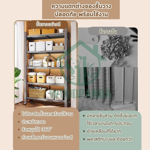 Woodpanda ชั้นวางพับได้ 5 ชั้นมีล้อเลื่อนเคลื่อนที่ได้ง่าย ใช้สำหรับห้องครัว ห้องนั่งเล่น ระเบียงบ้าน Image2
