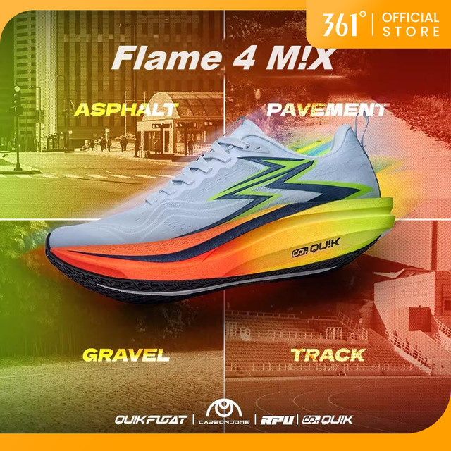 【จัดส่งในไทย】361 Degrees  Flame 4 Mix | รองเท้าวิ่งสำหรับผู้ชายแบบมืออาชีพที่ทำจากคาร์บอนเพลท ระบายอากาศได้ดี ระบายความร้อนได้สบาย 672512204