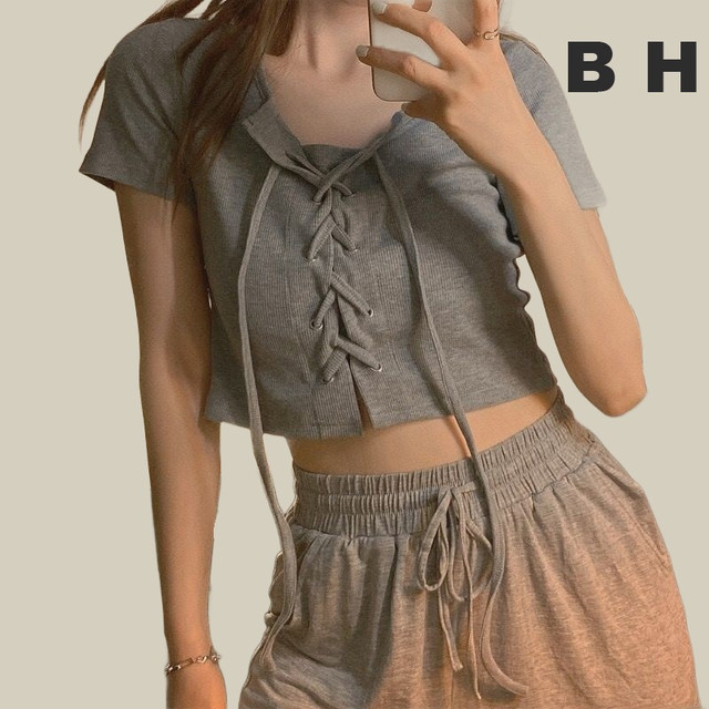 Korean women sexy crop top fashion tie T-shirt