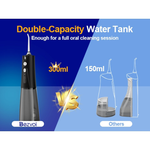 Bezvoi Y207 ไหมขัดฟันน้ําสีดําสําหรับฟันไร้สาย: Irrigator ปาก 5 โหมด, 300ML ถังน้ํา IPX7 กันน้ําไฟฟ้าทําความสะอาดฟัน,พร้อม 6 เคล็ดลับหัวฉีดรับประกัน 24 เดือน Image8