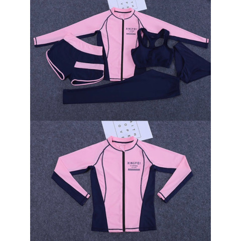 ꒰ ส่งทุกวัน♥ ꒱ 🌸🪽 ชุดว่ายน้ำเซ็ต 5 ชิ้น แขนยาวซิปหน้า กันยูวี สีชมพู-กรมท่า~ พร้อมส่ง/M-2XL Image8