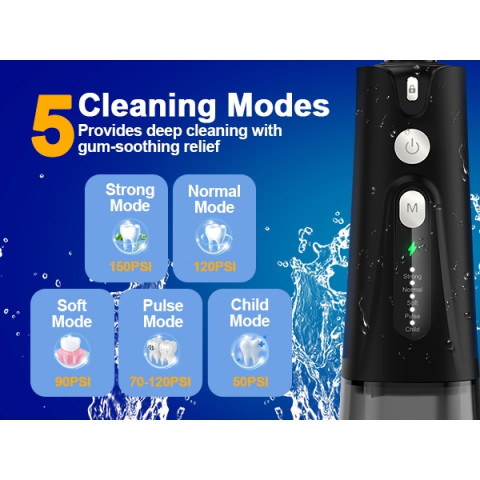 Bezvoi Y207 ไหมขัดฟันน้ําสีดําสําหรับฟันไร้สาย: Irrigator ปาก 5 โหมด, 300ML ถังน้ํา IPX7 กันน้ําไฟฟ้าทําความสะอาดฟัน,พร้อม 6 เคล็ดลับหัวฉีดรับประกัน 24 เดือน Image6