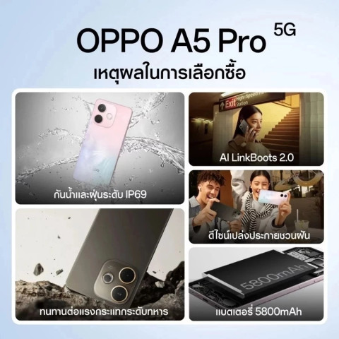 OPPO A5 Pro 5G RAM 8GB ROM 256GB หน้าจอใหญ่ 6.67″ 120Hz แบต 5800mAh กล้อง 50MP กันน้ำ IP68/IP69 มือหนึ่ง Image7