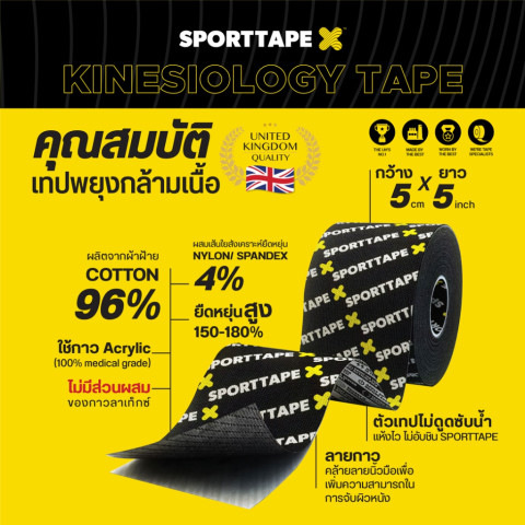Sporttape Kinesiology Tape (Extra Branded) เทปพยุงกล้ามเนื้อ ระบายอากาศ กันน้ำ สำหรับนักกีฬา ขนาด 5cmx5m Image2