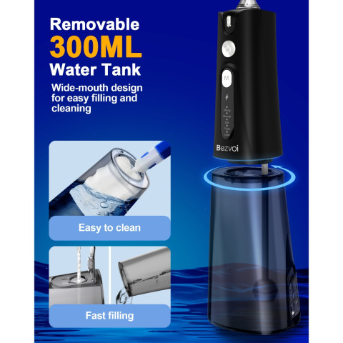 Bezvoi Y207 ไหมขัดฟันน้ําสีดําสําหรับฟันไร้สาย: Irrigator ปาก 5 โหมด, 300ML ถังน้ํา IPX7 กันน้ําไฟฟ้าทําความสะอาดฟัน,พร้อม 6 เคล็ดลับหัวฉีดรับประกัน 24 เดือน Image3