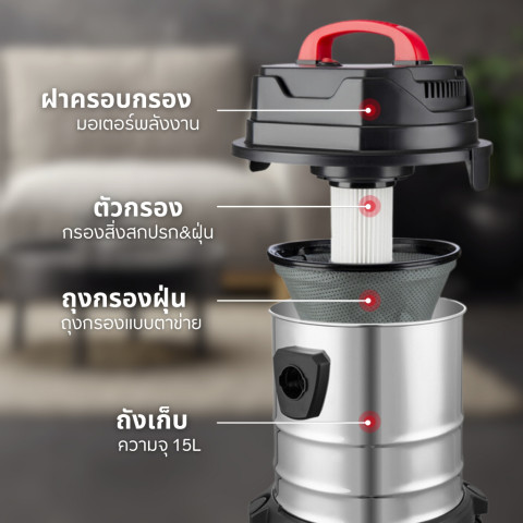 เครื่องดูดฝุ่น 1500W 15L เครื่องดูดฝุ่นอุตสาหกรรม ดูดน้ำ เป่าลม ถังสแตนเลส เครื่องดูดฝุ่นในบ้าน เครื่องดูดฝุ่นในรถยนต์ Image5