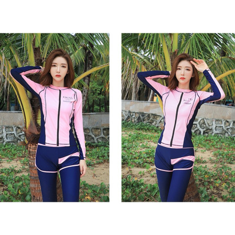 ꒰ ส่งทุกวัน♥ ꒱ 🌸🪽 ชุดว่ายน้ำเซ็ต 5 ชิ้น แขนยาวซิปหน้า กันยูวี สีชมพู-กรมท่า~ พร้อมส่ง/M-2XL Image3