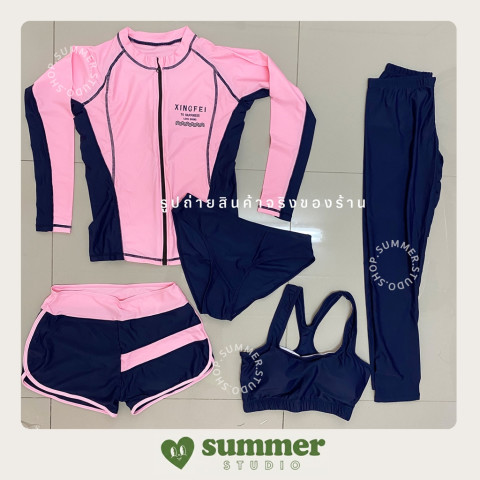 ꒰ ส่งทุกวัน♥ ꒱ 🌸🪽 ชุดว่ายน้ำเซ็ต 5 ชิ้น แขนยาวซิปหน้า กันยูวี สีชมพู-กรมท่า~ พร้อมส่ง/M-2XL Image2