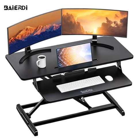 BAIERDI โต๊ะคอมพิวเตอร์แบบยืนปรับระดับความสูงได้ โต๊ะวางโน้ตบุ๊ก โต๊ะทำงานสำนักงานแบบพับได้ ขาตั้งแบบตั้งโต๊ะปรับระดับค