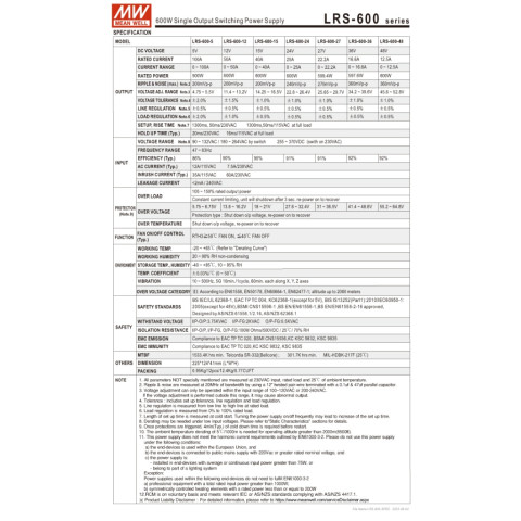 MEAN WELL LRS-600-48 DC48V 12.5A สวิตช์พาวเวอร์ซัพพลาย Meanwell หม้อแปลง สวิตซ์ชิ่ง เพาเวอร์ซัพพลาย Image4