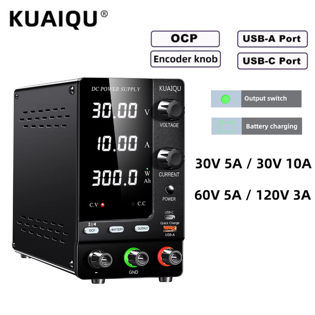 KUAIQU เครื่องจ่ายไฟ DC Power Supply พาวเวอร์ซัพพลาย DC ชาร์จเร็ว ปรับได้ พร้อมพอร์ต USB Type-C 12V 24V 48V 60V 30V 10A แบตเตอรี่ลิเธียม ป้องกัน OCP