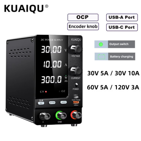 KUAIQU เครื่องจ่ายไฟ DC Power Supply พาวเวอร์ซัพพลาย DC ชาร์จเร็ว ปรับได้ พร้อมพอร์ต USB Type-C 12V 24V 48V 60V 30V 10A แบตเตอรี่ลิเธียม ป้องกัน OCP Image1