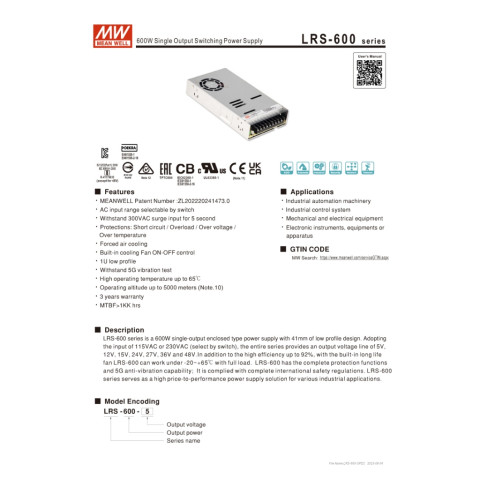 MEAN WELL LRS-600-48 DC48V 12.5A สวิตช์พาวเวอร์ซัพพลาย Meanwell หม้อแปลง สวิตซ์ชิ่ง เพาเวอร์ซัพพลาย Image3