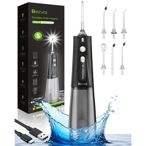 Bezvoi Y207 ไหมขัดฟันน้ําสีดําสําหรับฟันไร้สาย: Irrigator ปาก 5 โหมด, 300ML ถังน้ํา IPX7 กันน้ําไฟฟ้าทําความสะอาดฟัน,พร้อม 6 เคล็ดลับหัวฉีดรับประกัน 24 เดือน Image1