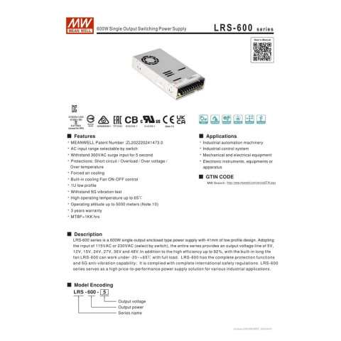 MEAN WELL LRS-600 LRS-600-5, LRS-600-12, LRS-600-15, LRS-600-24, LRS-600-27, LRS-600-36 ,LRS-600-48 LRS-600W Image6