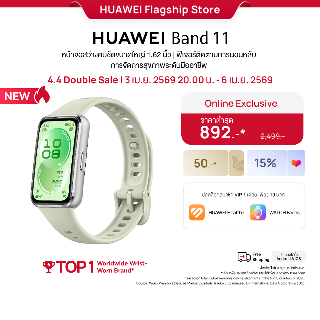 [4.3 20.00 - 4.6 | เริ่มต้น 722.-* | ลดสูงสุด 15%*] HUAWEI Band 11 Series | สมาร์ทวอทช์ | หน้าจอสว่างคมชัดขนาดใหญ่ 1.62 นิ้ว | ฟีเจอร์ติดตามการนอนหลับ | การจัดการสุขภาพระดับมืออาชีพ | การดูแลสุขภาพอาร