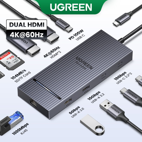 UGREEN 10Gbps Dual HDMI 7-in-1 HUB 4K @ 60hz ประเภท C ถึง HDMI USB3.2 Gen2 10Gbps 2xUSB-C 3.210Gbps 2xUSB-A 3.2 10Gbps PD100W HUB สําหรับ iPad Air M2 Pro 11 "MacBook 1 M3 Image1