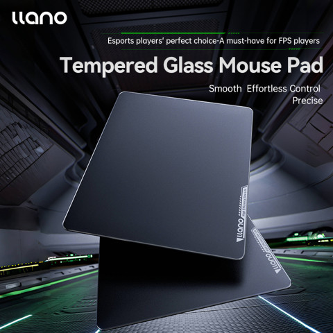 LLANO แผ่นรองเมาส์สําหรับเล่นเกมกระจกนิรภัยพื้นผิวความเร็วสูงเรียบสําหรับ FPS CSGO กันน้ํากันเหงื่อแผ่นกันลื่นสีดํา Image1