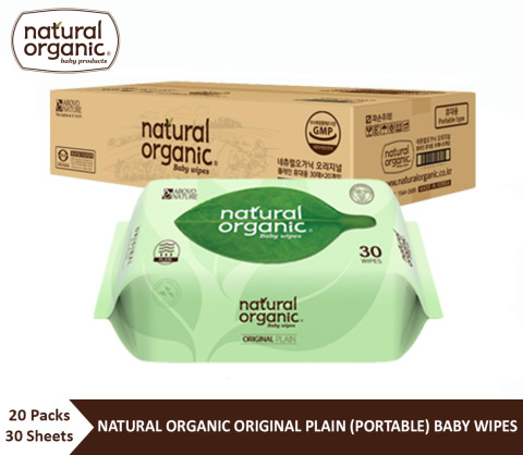 Natural Organic Original Plain Baby Wipes (Portable Type 20 X 30 Sheets) ทชชูเปียกเนเชอรัลออแกนิคออริจินอลเบบี้ไวพ์ส แผ่นเรียบ ขนาดพกพา บรรจุ 30 แผ่น  1 ลัง จำนวน 20 ห่อ Image1
