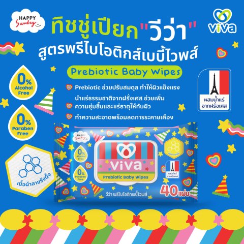 ViVa x Happy Sunday วีว่า Prebiotic Baby Wipes 40 แผ่น ยกลัง 1X36 ทิชชู่เปียก ผ้าเปียก สูตรพรีไบโอติกส์ Image2