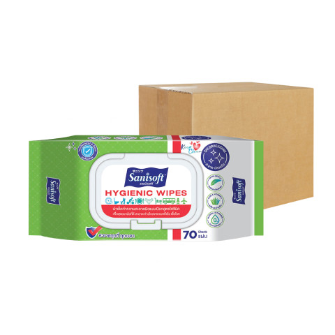 [ยกลัง!! 24ห่อ] Sanisoft Hygienic Wipes 70’s / แซนนิซอฟท์ ผ้าเช็ดทำความสะอาดผิว สูตรไฮจีนิค แอนตี้แบคทีเรีย 70 แผ่น/ห่อ Image5