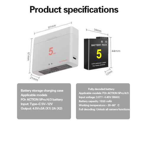 Puantes DJI Osmo Action แบตเตอรี่กล้องแบตเตอรี่ + USB 2-Slot Charger เหมาะสําหรับ Osmo Action 5 Pro/3/4/6/OSMO360 Image2