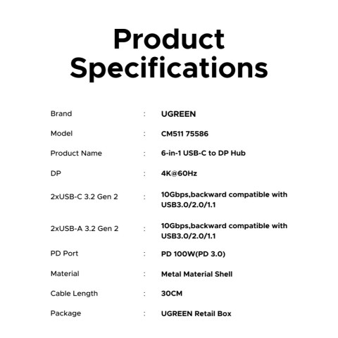 UGREEN อะแดปเตอร์ USB HUB 6-in-1 USB-C to DP 4K60Hz USB-Ax2 USB-Cx2 PD 100W รุ่น 75586 Image8