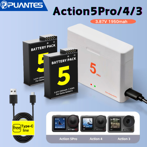 Puantes DJI Osmo Action แบตเตอรี่กล้องแบตเตอรี่ + USB 2-Slot Charger เหมาะสําหรับ Osmo Action 5 Pro/3/4/6/OSMO360 Image1