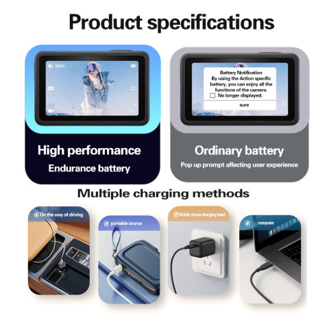 Puantes DJI Osmo Action แบตเตอรี่กล้องแบตเตอรี่ + USB 2-Slot Charger เหมาะสําหรับ Osmo Action 5 Pro/3/4/6/OSMO360 Image6