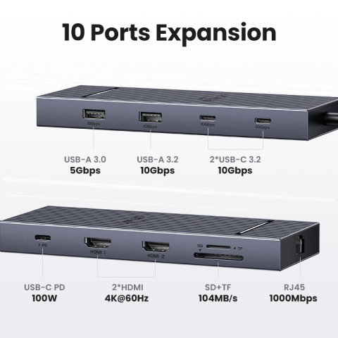 UGREEN 10Gbps Dual HDMI 7-in-1 HUB 4K @ 60hz ประเภท C ถึง HDMI USB3.2 Gen2 10Gbps 2xUSB-C 3.210Gbps 2xUSB-A 3.2 10Gbps PD100W HUB สําหรับ iPad Air M2 Pro 11 "MacBook 1 M3 Image2