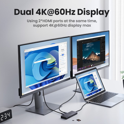 UGREEN 10Gbps Dual HDMI 7-in-1 HUB 4K @ 60hz ประเภท C ถึง HDMI USB3.2 Gen2 10Gbps 2xUSB-C 3.210Gbps 2xUSB-A 3.2 10Gbps PD100W HUB สําหรับ iPad Air M2 Pro 11 "MacBook 1 M3 Image3
