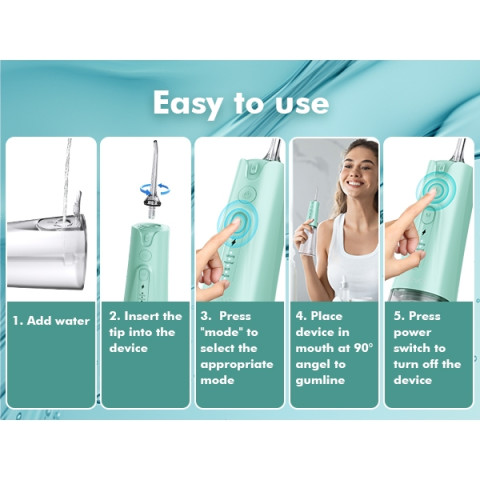 【จัดส่ง 24 ชั่วโมง】เครื่องชลประทานช่องปากแบบพกพามินิ การแก้ไขทันตกรรม Bezvoi Water Flosser (5 โหมด+6 หัวฉีด) พกพาง่าย ถอดล้างสะอาด เครื่องY207 สีเขียว Irrigator ปาก น้ําทําความสะอาดฟัน 300ML ถังน้ํา/Braces ทําความสะอาด สำหรับการทำความสะอาดฟ Image8