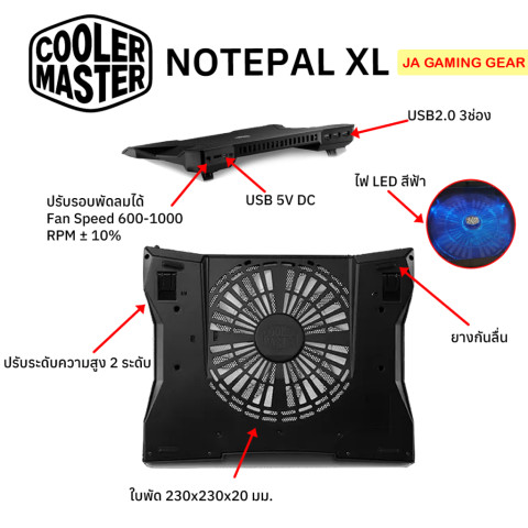 Cooler Master พัดลมระบายความร้อนโน้ตบุ้ก Notepal XL Cooling pad รองรับขนาดโน้ตบุ๊กสูงสุด 17 นิ้ว Image2