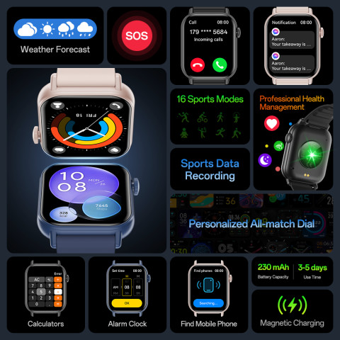 Aolon Metro 2 สมาร์ทวอทช์ 1.83" หน้าจอ HD โทรฉุกเฉิน 16 โหมดกีฬา เครื่องวัดอัตราการเต้นของหัวใจ การแจ้งเตือนข้อความ เครื่องคิดเลข นาฬิกาข้างเตียง สมาร์ทวอทช์ Image3