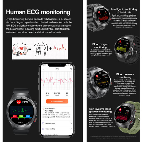 NineWind สมาร์ทวอท์ช E800ใหม่หัววัดคู่เลเซอร์ฟังก์ชั่นการรักษาสุขภาพ ECG Function กรดยูริคน้ำตาลในเลือดการวัดความดันโลหิตการตรวจสอบไขมันในเลือด AMOLED Screen นาฬิกากีฬาโทรผ่านบลูทูธ Image5