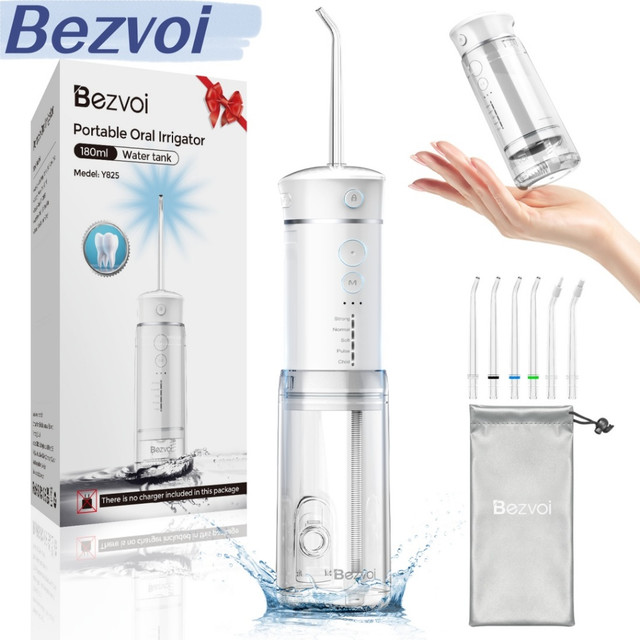 COD Bezvoi Water Flosser ไร้สาย Travel, Mini Oral Irrigator พร้อมถังน้ําแบบยืดไสลด์, 5 โหมด, 6 เคล็ดลับ Jet, IPX7 กันน้ําไฟฟ้าแบบพกพาน้ําทําความสะอาดฟัน Picks Y825 สีขาว