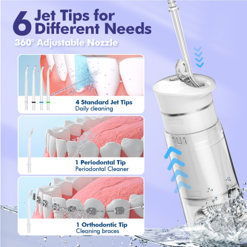 COD Bezvoi Water Flosser ไร้สาย Travel, Mini Oral Irrigator พร้อมถังน้ําแบบยืดไสลด์, 5 โหมด, 6 เคล็ดลับ Jet, IPX7 กันน้ําไฟฟ้าแบบพกพาน้ําทําความสะอาดฟัน Picks Y825 สีขาว Image3