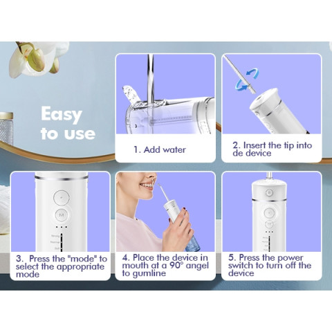 COD Bezvoi Water Flosser ไร้สาย Travel, Mini Oral Irrigator พร้อมถังน้ําแบบยืดไสลด์, 5 โหมด, 6 เคล็ดลับ Jet, IPX7 กันน้ําไฟฟ้าแบบพกพาน้ําทําความสะอาดฟัน Picks Y825 สีขาว Image8