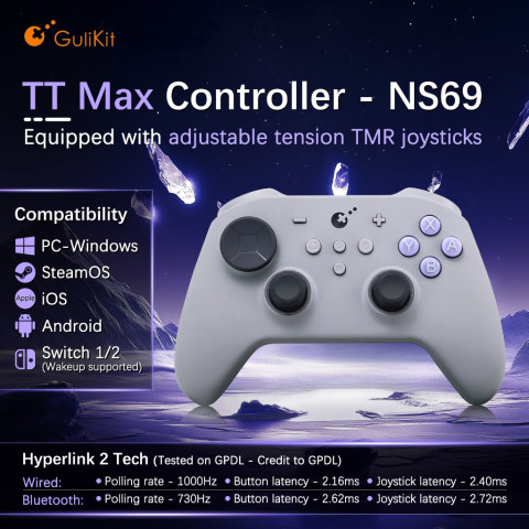GuliKit TT Max Controller NS69 พร้อมความตึงแบบปรับได้ TMR จอยสติ๊กความเข้ากันได้สวิตช์ 1/2/PC-Windows/iOS/Android/SteamoOS Image1