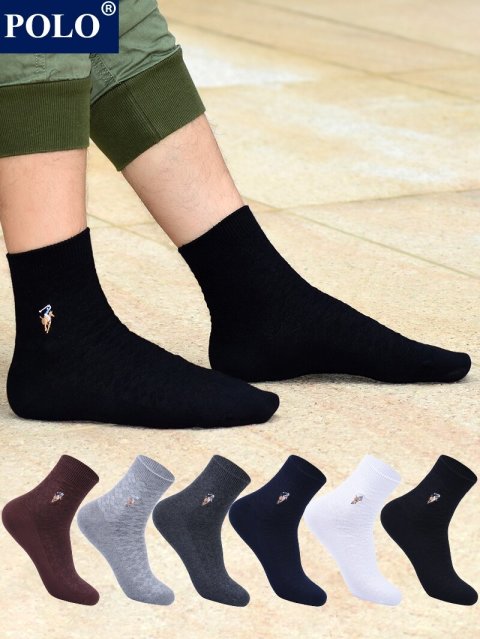 ถุงเท้ากีฬาคอตตอนสีพื้น POLO สำหรับผู้ชาย ถุงเท้ากลางน่อง ดูดซับเหงื่อ ป้องกันกลิ่น ถุงเท้าธุรกิจสีดำ ฤดูใบไม้ร่วง/ฤดูหนาว Image3