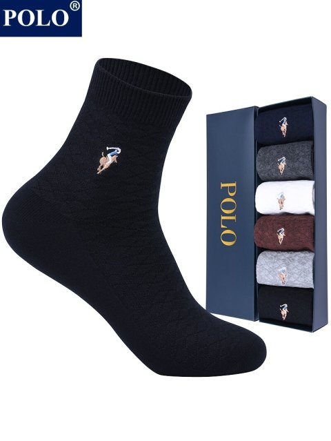 ถุงเท้ากีฬาคอตตอนสีพื้น POLO สำหรับผู้ชาย ถุงเท้ากลางน่อง ดูดซับเหงื่อ ป้องกันกลิ่น ถุงเท้าธุรกิจสีดำ ฤดูใบไม้ร่วง/ฤดูหนาว Image2