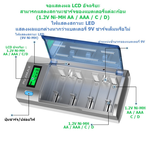 PUJIMAX เครื่องชาร์จถ่าน 6ช่อง ถ่านชาร์จ Ni-MH C/D AA/AAA 1.2V ชาร์จเร็ว ปลอดภัย ป้องกันชาร์จเกิน Image3
