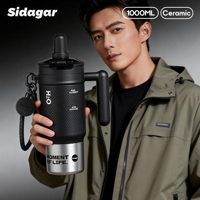 Sidagar 1000มล แก้วเก็บความเย็น เคลือบเซรามิค 316 แก้ว สแตนเลส ความจุขนาดใหญ่ แก้วน้ำเก็บอุณหภูมิ Sports Water Cup