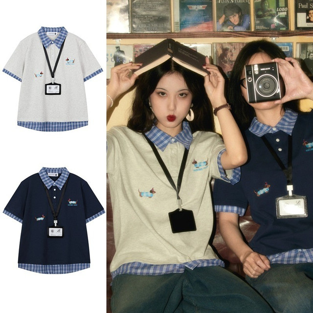 SUIKONE ซุยโคเนะ อเมริกันย้อนยุคลูกสุนัขลายปักลายสก๊อตเสื้อโปโลฤดูร้อนหลวมผู้ชายและผู้หญิงผ้าฝ้ายแท้